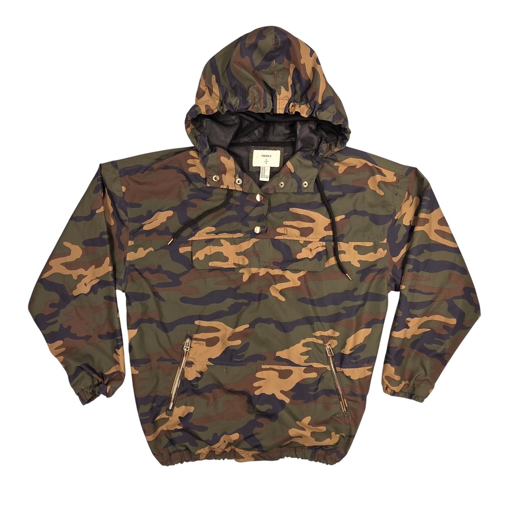 Forever 21 Camo Anorak Windbreaker Jacket Womens Medium Green Brown Half Zip